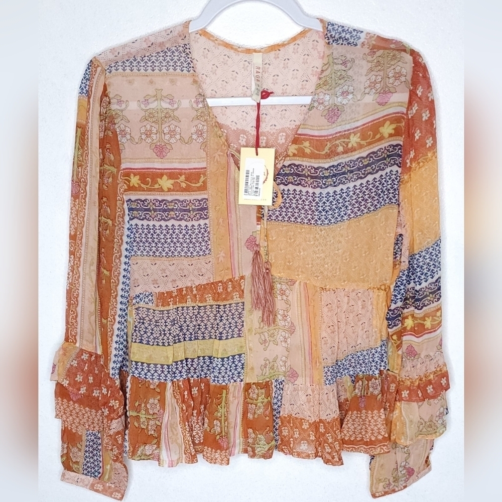 ANTHROPOLOGIE Raga Quilted Glimpses Pathwork Boho Peplum Blouse Size S